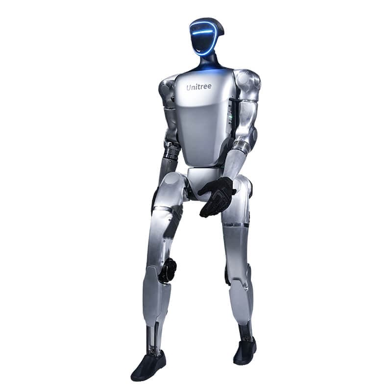 Unitree G1 humanoid robot standing, on a white background