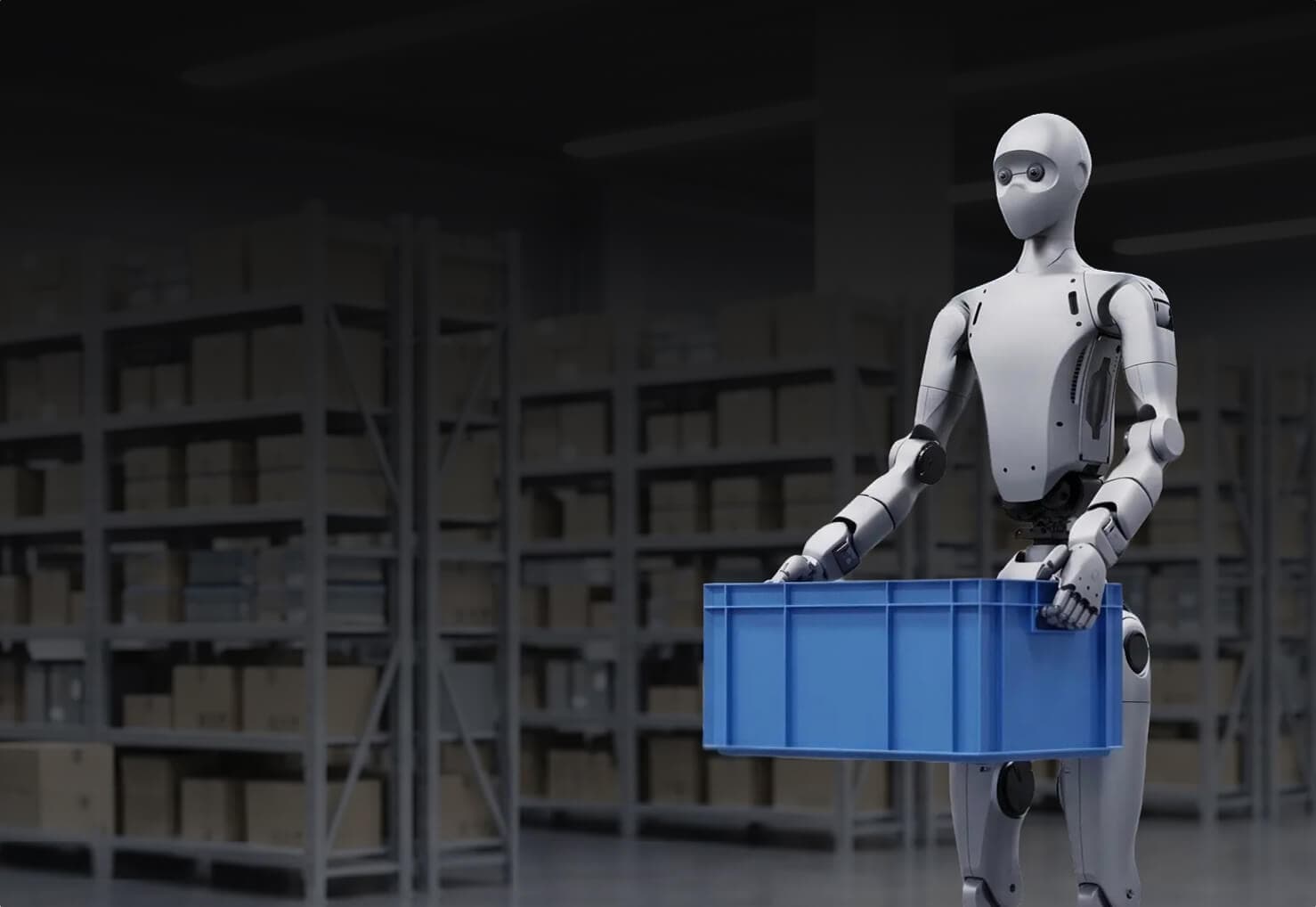 Unitree H2 humanoid robot carrying a crate in a warehouse