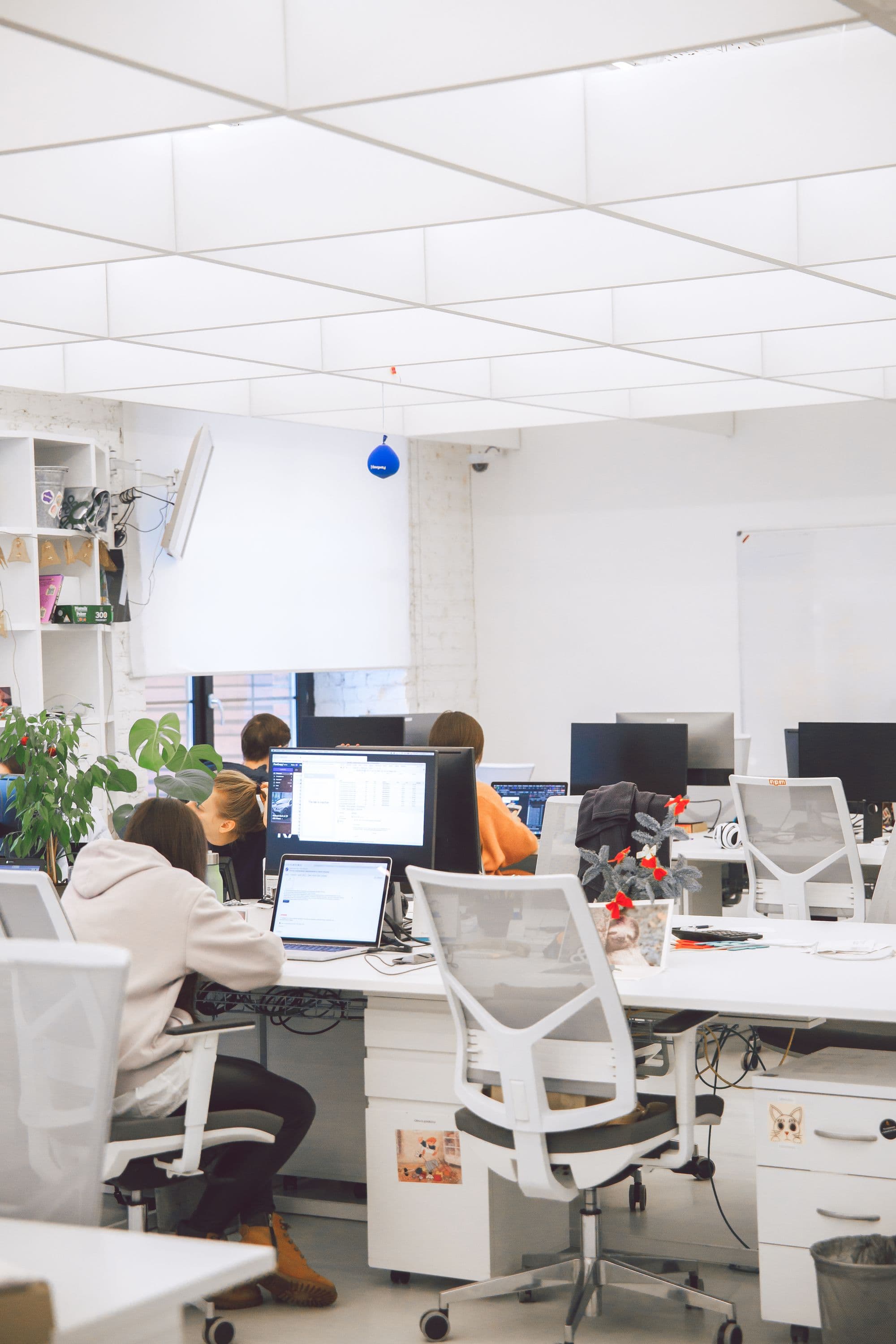 A bright white office with people working at their desks