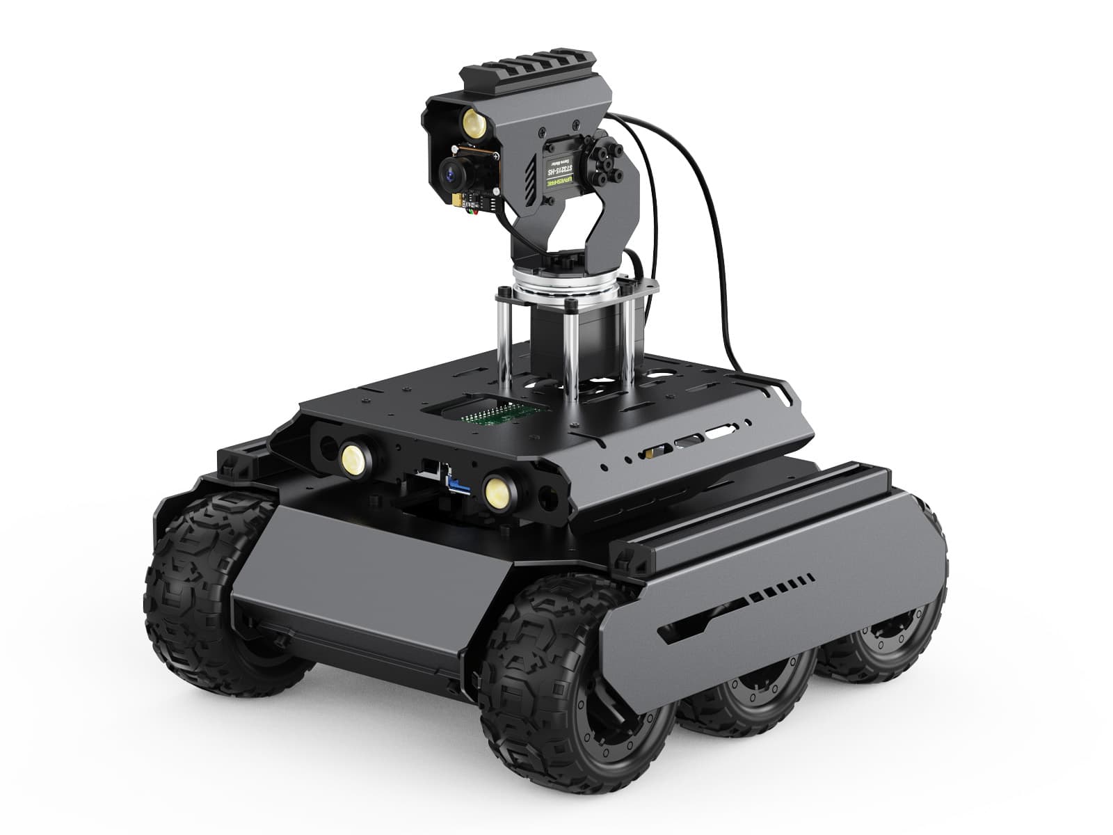 Waveshare UGV rover with camera mast on a white background